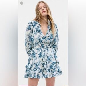 GAP LoveShackFancy Blue White Floral Ruffled Tiered Dress with long Sleeves NWT